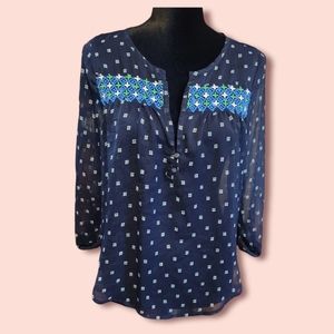 Hollister Blue Print Embroidered Boho Peasant Top Medium